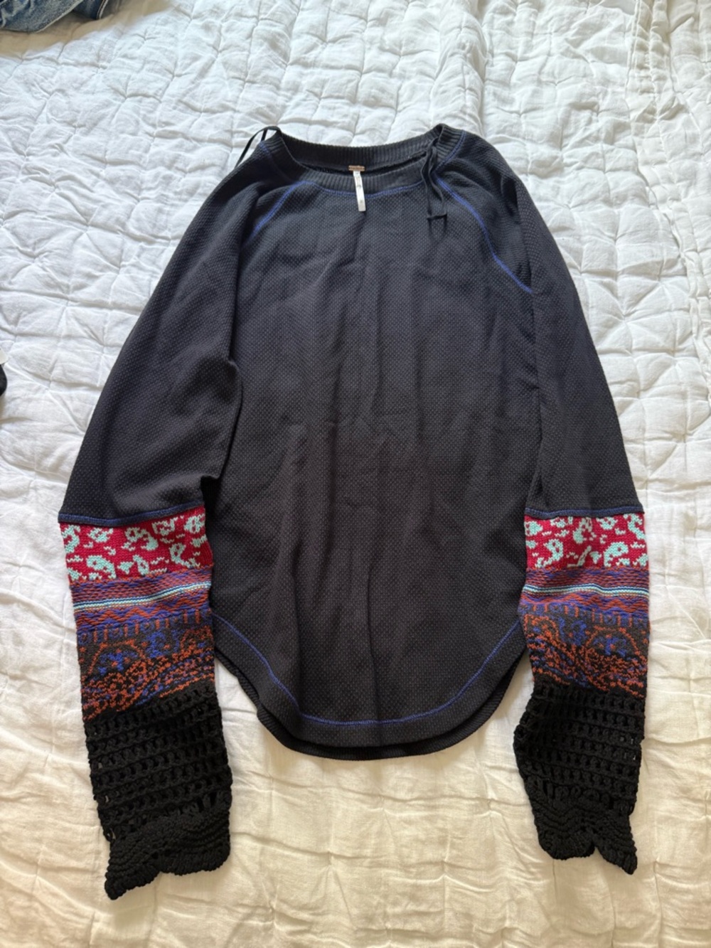 Free People Charcoal Crewneck Sweater with Subtle Blue Stitching